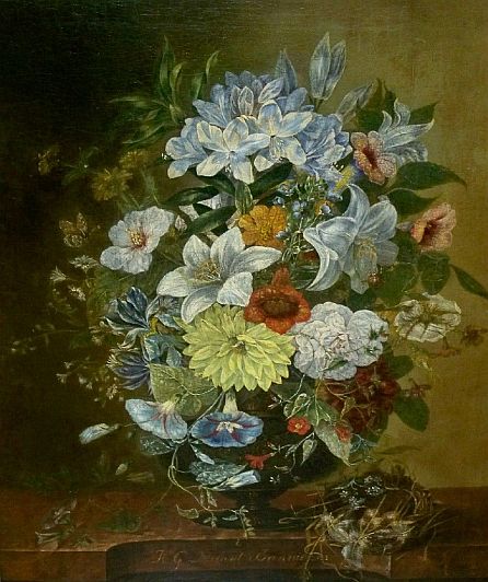 Painting: "A Floral Still Life with Birds Nest" by Henriette Georgette Nilant Bannier