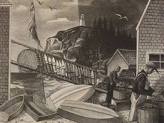Print: "Lobstermen" by Ernest Fiene, circa 1940