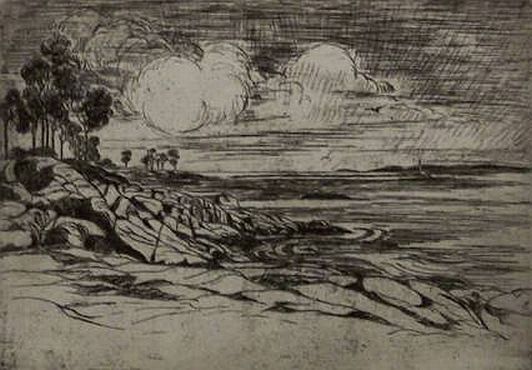 Print: "Rocks at Larchmont, Ohio" by Marion Maxon Healy, 1959