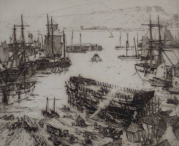 Print: "The Last Ship at Scarborough" by Nelson Dawson, dated 1910