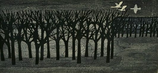 Print: "Abstract forest scene with white birds in flight" by Tamami Shima