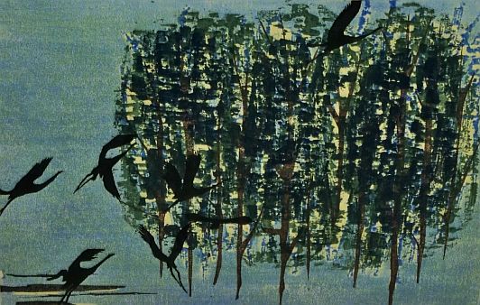 Print: "Abstract of a forest scene with cranes" by Tamami Shima